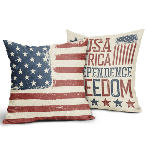 4th of July Pillow Covers 18x18 USA Freedom Independence Day Rustic American Flag Patriotic Stars Decorative Pillowcase for Couch Sofa Home Throw Pillows Outdoor Linen Square Cushion Case, Set of 2