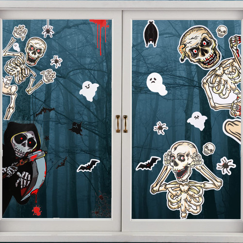 AIEX 5 Sheets Halloween Window Clings Decals, Halloween Window Clings Scary Grim Reaper Skeleton Window Decal Halloween Static Stickers Window Decorations for Home Office Shop Glass Door