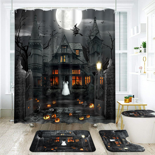 Likiyol 4 Pcs Halloween Shower Curtain Set with Non-Slip Rugs, Toilet Lid Cover and Bath Mat, Spooky Ghost Shower Curtain with 12 Hooks, Horror Scary Witch Shower Curtains for Bathroom Likiyol 4 Pcs Halloween Shower Curtain Set with Non-Slip Rugs, Toilet Lid Cover and Bath Mat, Spooky Ghost Shower Curtain with 12 Hooks, Horror Scary Witch Shower Curtains for Bathroom