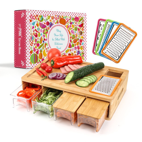 gesPINK Bamboo Cutting Board with Containers, Wood Cutting Board with Drawer Bins, Prep Deck Station Chopping Board with Storage Tray, Storage Cutting Board with Compartments, 4 Graters