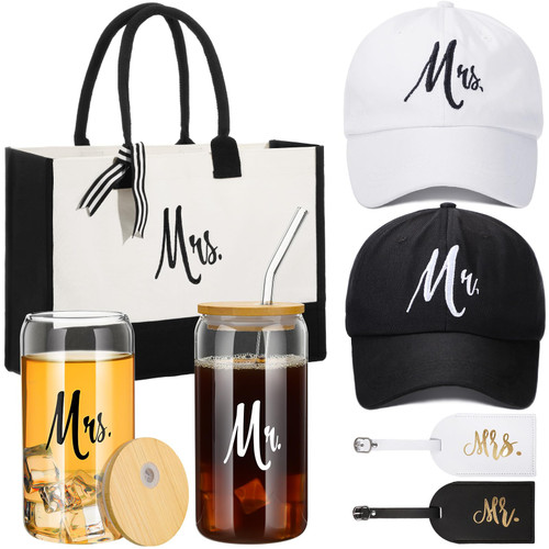 7 Pieces Wedding Gifts for Bride and Groom Sets, Engagement Bridal Shower Honeymoon Gifts Include Mr and Mrs Glass Cup with Bamboo Lid and Straw, Tote Bag, Mr Baseball Hat, Luggage Tags for The Couple