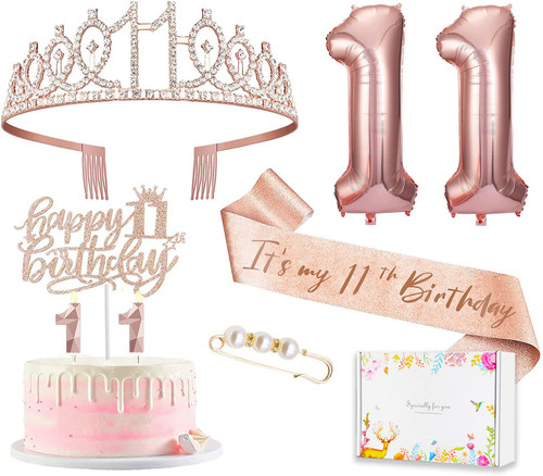 8pcs 11th Birthday Decorations for Girls, Including 11 year old Birthday Cake Topper, Birthday Queen Sash with Pearl Pin, Sweet Rhinestone Tiara Crown, Number Candles and Balloons Set, Rose Gold 8pcs 11th Birthday Decorations for Girls, Including 11 year old Birthday Cake Topper, Birthday Queen Sash with Pearl Pin, Sweet Rhinestone Tiara Crown, Number Candles and Balloons Set, Rose Gold