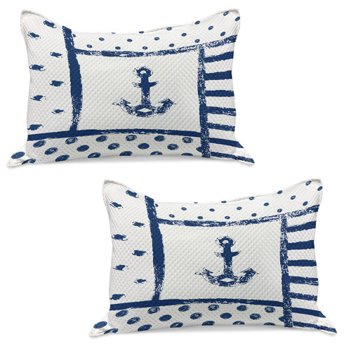Ambesonne Anchor Quilted Pillowcover Set of 2, Grunge Murky Boat Marine Silhouette Polka and Stripe Retro Navy Theme Art, Standard King Size Pillow Sham for Bedroom, 36" x 20", Dark Blue White