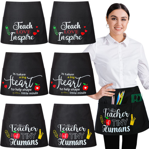 Berlune 6 Pieces Half Apron for Teachers with 3 Pockets Teacher Apron 3 Pocket Waist Apron Teacher Appreciation Gift Ideas