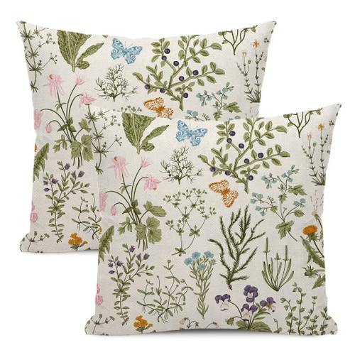 BETGINY Spring Pillow Covers 18x18 Set of 2, Sage Green Floral Leaf Decorative Throw Pillow Covers for Wild Flower Linen Summer Farmhouse Cushion Case for Couch Sofa Outdoor Spring Decor