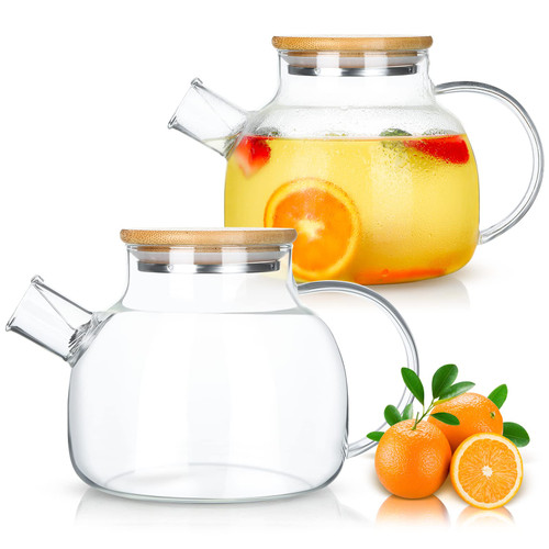 Hsei 2 Pack Glass Pitcher Water Carafe with Lid Large Iced Tea Pitcher Juice Containers for Fridge with Handle Practical Glass Jugs for Juice, Hot Cold Water, Coffee, Milk (34 oz)
