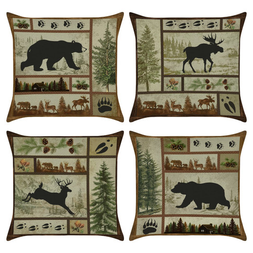 Bonhause Vintage Farmhouse Animals Throw Pillow Covers 18 x 18 Inch Set of 4 Bear Deer Decorative Pillows Case Polyester Linen Outdoor Cushion Covers for Couch Sofa Bed Home Decor