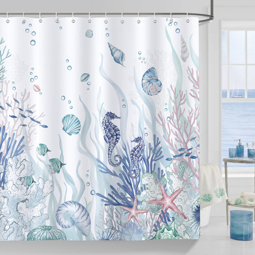 Bonhause Nautical Coastal Shower Curtain Coral Seahorse Beach Ocean Blue Decorative Bath Curtain 72 x 72 Inch Polyester Fabric Waterproof Bathroom Curtain with 12 Hooks
