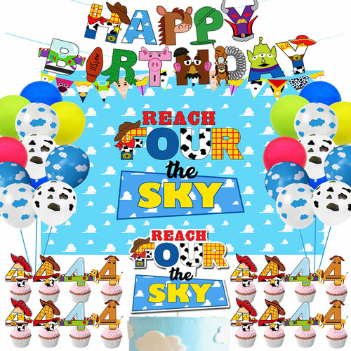 Toy Inspired Story Party Supplies 4th Birthday include Reach Four The Sky Cake Topper Backdrop Cupcake Toppers Balloons Banner for 4th Boys Girls Birthday Decorations Toy Inspired Story Party Supplies 4th Birthday include Reach Four The Sky Cake Topper Backdrop Cupcake Toppers Balloons Banner for 4th Boys Girls Birthday Decorations
