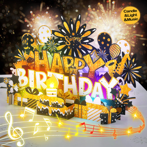 Birthday Card | Musical Pop Up Birthday Cards with Light | Blow Out LED Light Candle and Play Happy Birthday Music Pop Up Card | Greeting Cards Gifts for Him or Her | Black Gold (Blowable Candle) Birthday Card | Musical Pop Up Birthday Cards with Light | Blow Out LED Light Candle and Play Happy Birthday Music Pop Up Card | Greeting Cards Gifts for Him or Her | Black Gold (Blowable Candle)