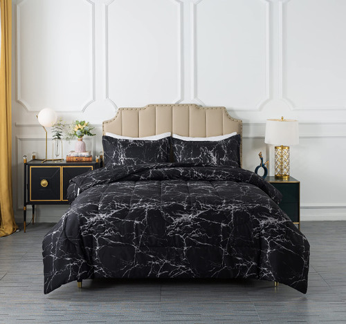 Caressma Black Marble Comforter Set King, 3 Pieces Modern Pattern Soft Microfiber Bedding Comforter Set, Down Alternative Comforters for All Season (104 * 90")