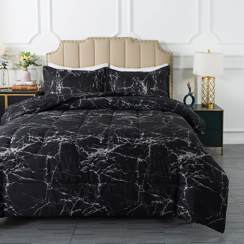 Caressma Black Marble Comforter Set Twin Size, Modern Pattern Soft Microfiber Bedding Comforter Set, Down Alternative Comforter with Pillowcase for All Season (68 * 90")