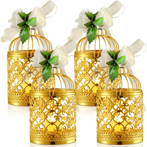 Blulu 4 Pcs Mini Lanterns Tealight Candle Holder Metal Gold Birdcage Lanterns Small Hanging Birdcage Vintage Table Lanterns for Centerpieces Wedding Decorations Halloween Diwali Christmas Decor
