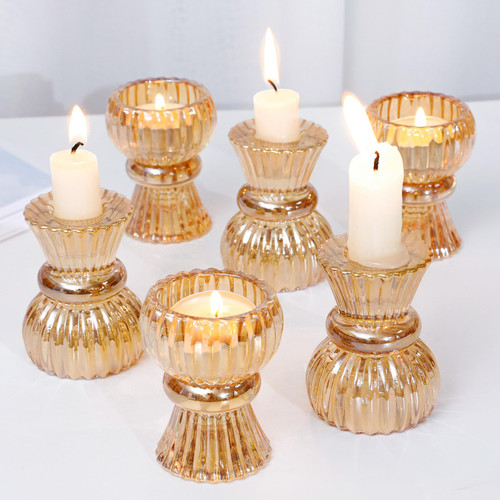 Amber Glass Candlestick Holders, Set of 6 Candle Holders for Taper Candles, Pillar Candles and Tealight Candles, Candlestick Holders Set for Wedding, Festival, Party & Festival Decor Amber Glass Candlestick Holders, Set of 6 Candle Holders for Taper Candles, Pillar Candles and Tealight Candles, Candlestick Holders Set for Wedding, Festival, Party & Festival Decor
