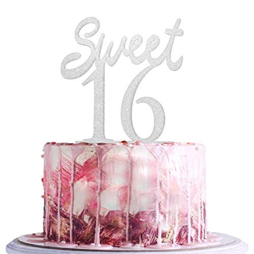 BLINGBLING Sweet 16 Cake Topper - Sliver Sweet Sixteen Cupcake Topper - Happy 16th Birthday Party Decorations Supplies, 16th Wedding Anniversary Bunting