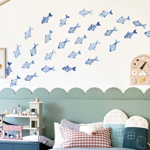 astrkiz Under The Sea Wall Decals Peel and Stick, Vinyl Ocean Fish Wall Stickers for Kids Bedroom Playroom Decals, Wall Art Sticker Decor for Nursery Classroom Bathroom, Blue Fish