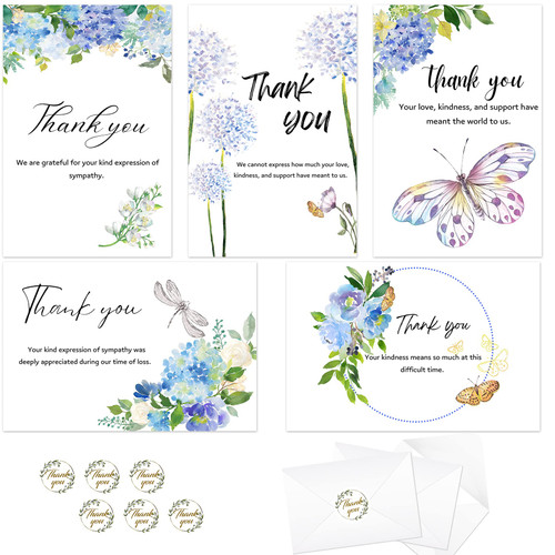 BARUN 50 Pack Funeral Thank You Cards with Envelopes - Sympathy Thank You Cards Thank You Funeral Cards,Thank You Notes Funeral Thank You Cards for Funeral,Watercolor Thank You Cards for Memorial 4x6