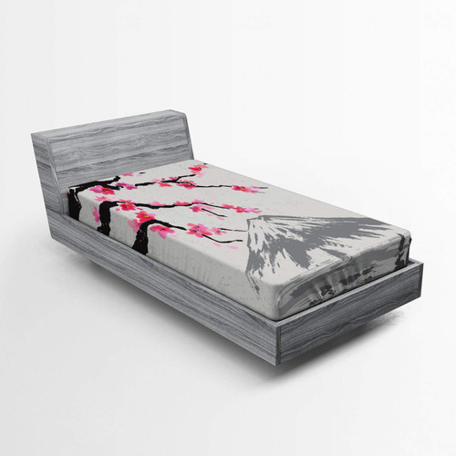 Ambesonne Japanese Fitted Sheet, Greyscale Grunge Background with Fujiyama Mountain and Cherry Blossoms, Bed Cover with All-Round Elastic Deep Pocket for Comfort, Twin XL Size, Black Grey