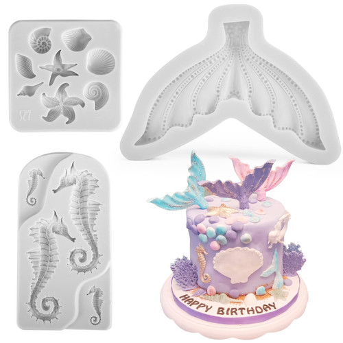 Mermaid Cake Fondant Mold, Beasea 3 Pcs Seahorse Seashell Starfish Mermaid Tail Silicone Mold Chocolate Shells Baking Molds for Cake Decorating, Mermaid Chocolate Mold for Candy Melts, Cupcake