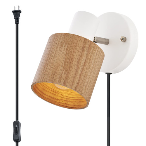 TeHenoo White Wall Sconce,Rotatable Wall Light, Plug in Wooden Wall Lamp for Reading,Bedroom,Office