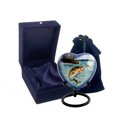 Bass Fishing Heart Keepsake Urn - Bass Fish Heart Keepsake Cremation Urn for Ashes - Heart Fishing Urn - Handcrafted Bass Fish Sharing Heart Urn with Stand, Velvet Case & Bag (Heart Keepsake)