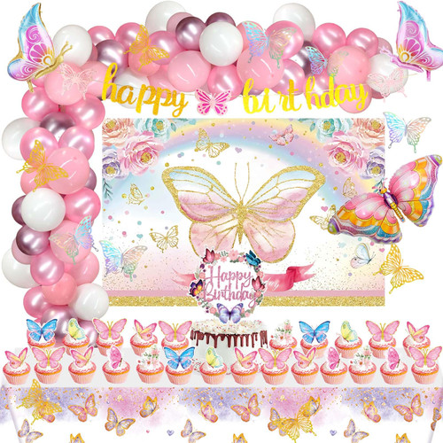 167 PCs Butterfly Party Decorations, Hombae Butterfly Birthday Decorations Backdrop Balloon Garland Arch Glitter Banner Tablecloth Cake Cupcake Topper 3D Butterfly Floral Gold Pastel Pink