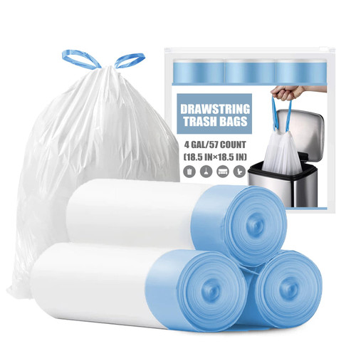 Small Trash Bags 4 Gallon - Drawstring 4 Gallon Trash Bag, Tear-Free 4 Gal Small Garbage Bags, Separated Unscented White Small Trash Bags Bathroom Trash Bags, 57 Count