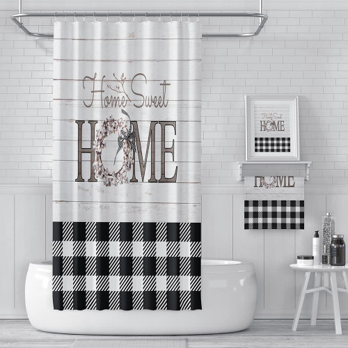 MERCHR Black White Buffalo Check Plaid Shower Curtain, Rustic Fabric Shower Curtains for Bathroom with Floral Decor on Wooden Board, Polyester Fabric Bathroom Shower Curtain with Hooks(47"X64")