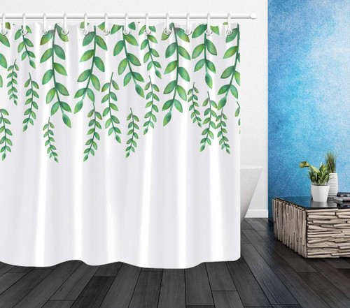 LB Green Leaf Shower Curtain Set Plant Floral Theme Design Bathroom Curtain with Hooks 72x72 inch Waterproof Polyester Fabric Bathroom Decorations