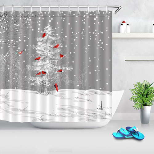 LB Winter Snow Shower Curtain Set Cardinal Birds on Tree Snowy Forest Shower Curtains for Bathroom Decorations Set with Hooks 72x72 inch Waterproof Polyester Fabric