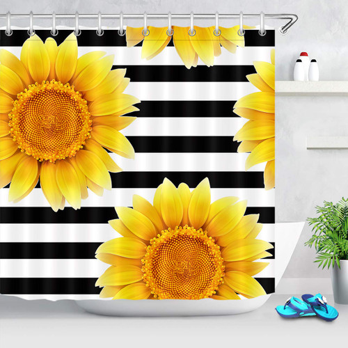 LB Sunflower Theme Shower Curtain Set Farmhouse Yellow Floral Black and White Stripe Bathroom Curtain with Hooks 72x72 inch Waterproof Polyester Fabric Bathroom Decorations