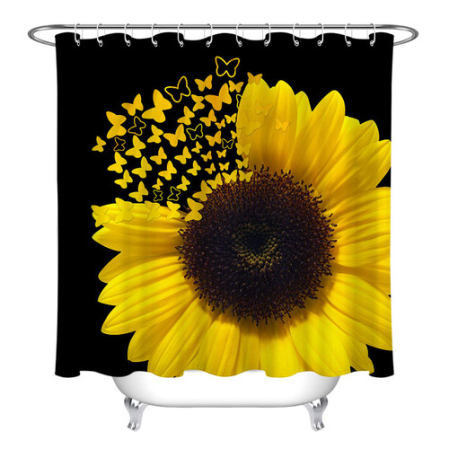 LB Sunflower Shower Curtain Yellow Floral Butterfly Botanical Plant Black Background Farmhouse Shower Curtains for Bathroom with Hooks 72x72 inch Waterproof Polyester Fabric Bathroom Decorations