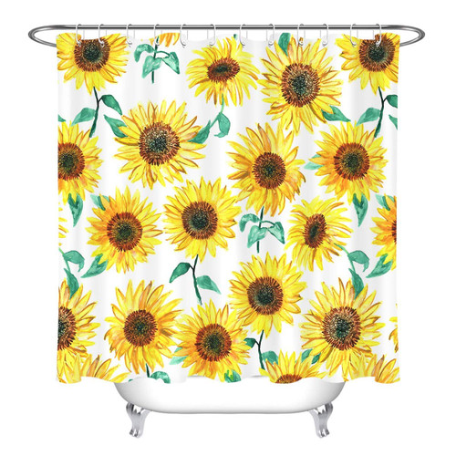LB Botanical Sunflower Shower Curtain Set Watercolor Yellow Floral Green Leaf Plant Shower Curtains for Bathroom with Hooks 72x72 inch Waterproof Polyester Fabric Bathroom Decorations