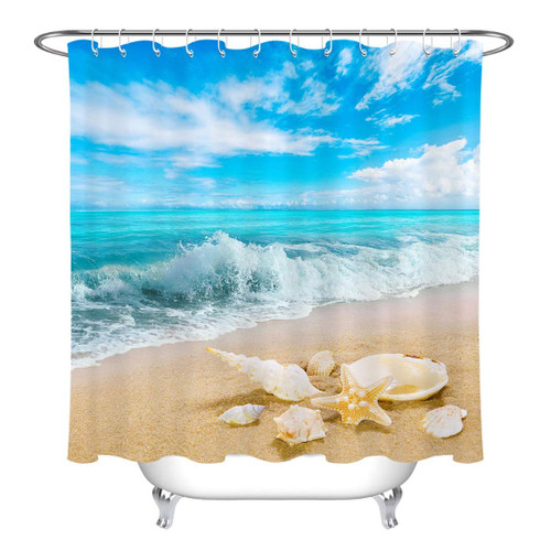 LB Tropical Beach Starfish Seashell Conch Shower Curtains for Bathroom Blue Ocean Wave Shower Curtain Set with Hooks 72x78 inch Waterproof Polyester Fabric Bathroom Decorations