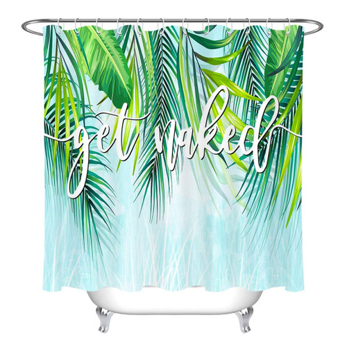 LB Get Naked Palm Leaf Shower Curtain Funny Quotes Tropical Fresh Blue Green Leaf Bathroom Decor Set with Hooks 72x78 inch Waterproof Polyester Fabric Bathroom Decorations