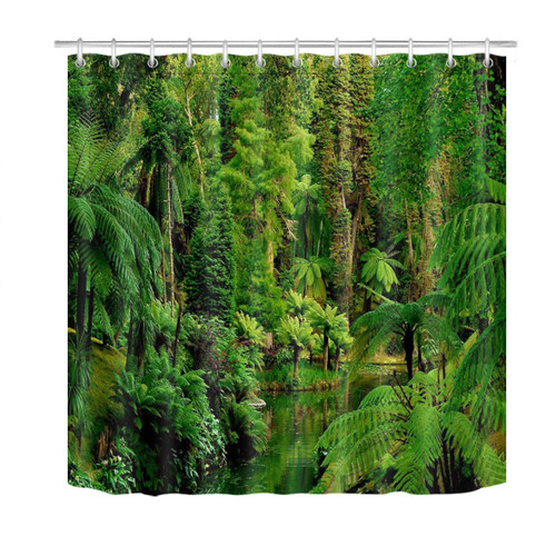 LB Rainforest Shower Curtain Set Tropical Jungle Landscape Stream Plant Green Leaf Exotic Botanical Shower Curtains for Bathroom with Hooks 72x72 inch Waterproof Polyester Fabric Bathroom Decorations