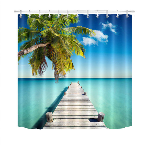 LB Tropical Coast Palm Leaf Shower Curtains for Bathroom Seaside Blue Ocean Sea Turquoise Shower Curtain Set with Hooks 72x78 inch Waterproof Polyester Fabric Bathroom Decorations