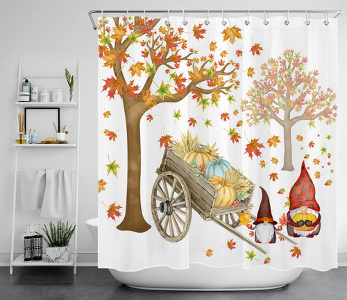 LB Fall Harvest Shower Curtain Autumn Tree Maple Leaves Gnomes Pumpkin Wooden Cart Thanksgiving Shower Curtains for Bathroom Set Decor with Hooks 72x72 inch Fabric,Machine Washable
