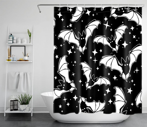 LB Spooky Halloween Shower Curtain Decor, Gothic Horror Halloween Black and White Bats Shower Curtains 60X72 inch Polyester Fabric Bathroom Decoration Bath Curtains Hooks Included