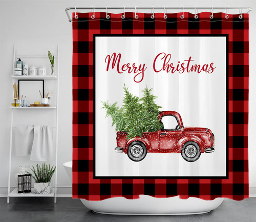 LB Merry Christmas Shower Curtain, Christmas Green Snowy Pine Fir Tree on Rustic Farmhouse Retro Old Red Truck Shower Curtains, Red and Black Check Plaid Bathroom Curtains Set with Hooks, 72X79 Inches
