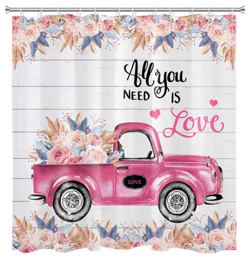 LB Vintage Truck Flower Shower Curtain Set Pink Rose Floral Love Decor Rustic Farmhouse Bathroom Curtain with Hooks 72x72 inch Waterproof Polyester Fabric Bathroom Decorations