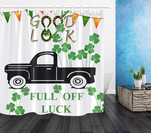 LB St.Patricks Day Shower Curtain Set Lucky Shamrock Clover Farm Black Truck Bathroom Curtain with Hooks 72x72 inch Waterproof Polyester Fabric Bathroom Decorations