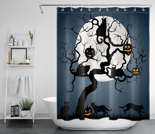 LB Halloween Shower Curtain for Bathroom, Spooky Halloween Night Full Moon Funny Black Cat and Pumpkin on Dead Tree All Saints' Day Fabric Bathroom Decor Set with Shower Curtain Hooks, 60x72 Inch