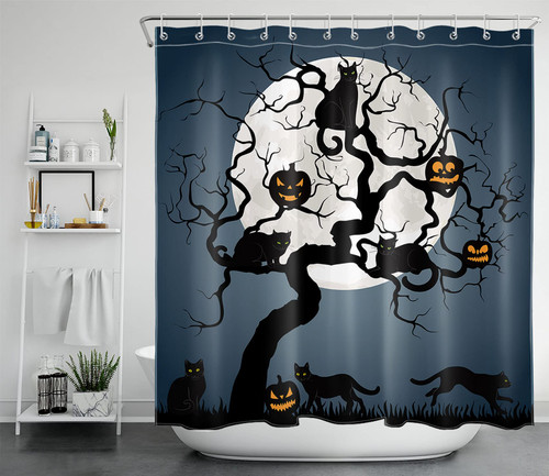 LB Halloween Shower Curtain for Bathroom, Spooky Halloween Night Full Moon Funny Black Cat and Pumpkin on Dead Tree All Saints' Day Fabric Bathroom Decor Set with Shower Curtain Hooks, 72x79 Inch