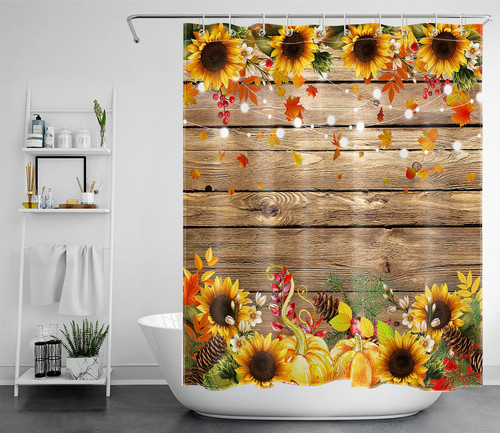 LB Farmhouse Sunflower Fall Shower Curtain for Bathroom, Autumn Fall Harvest Pumpkin Maple Leaves on Rustic Wooden Boards Thanksgiving Fabric Bathroom Decor Set with Shower Curtain Hooks, 60x72 Inch LB Farmhouse Sunflower Fall Shower Curtain for Bathroom, Autumn Fall Harvest Pumpkin Maple Leaves on Rustic Wooden Boards Thanksgiving Fabric Bathroom Decor Set with Shower Curtain Hooks, 60x72 Inch