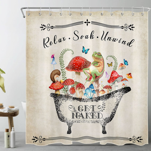 LB Mushroom Shower Curtain for Bathroom,Funny Frog with Blue Butterfly Country Botanical Fabric Shower Curtain with Hooks,Vintage Farmhouse Bathroom Curtains Shower Set, 72x78 inches