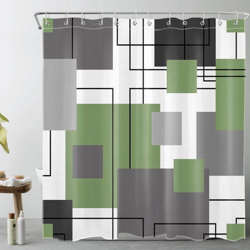 Grey and White Striped Geometric Shower Curtain Decor, Abstract Mid Century Modern Sage Green Shower Curtains for Bathroom 72X72 inch Polyester Fabric Bathroom Decoration Bath Curtains Hooks Included