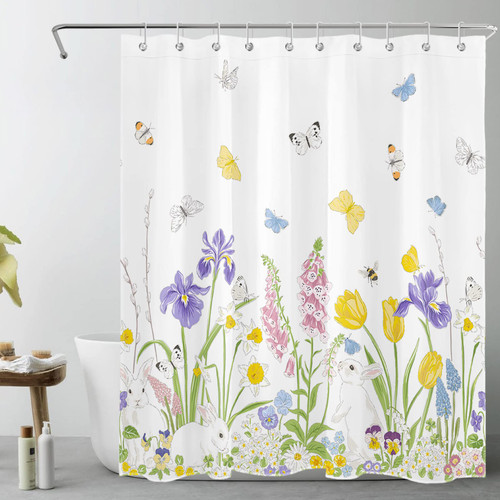 LB Purple and Yellow Floral Shower Curtain for Bathroom,Cute Rabbit and Butterfly Rustic Green Plant Fabric Shower Curtain with Hooks,Colorful Spring Easter Bathroom Curtains Shower Set, 60x72 inches