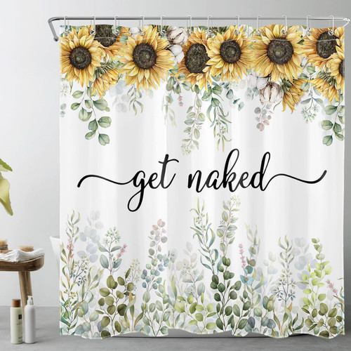 Get Naked Yellow Sunflower Shower Curtain for Bathroom,Green Eucalyptus Leaf and Rustic Botanical Wildflower Fabric Shower Curtain with Hooks,Spring Farmhouse Bathroom Curtains Shower Set,72x72 inches