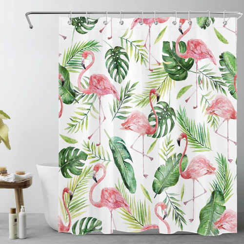 LB Tropical Pink Flamingo Shower Curtain for Bathroom,Sage Green Palm Leaf Monstera and Banana Leaf Fabric Shower Curtain with Hooks,Summer Watercolor Plant Bathroom Curtains Shower Set, 60x72 inches